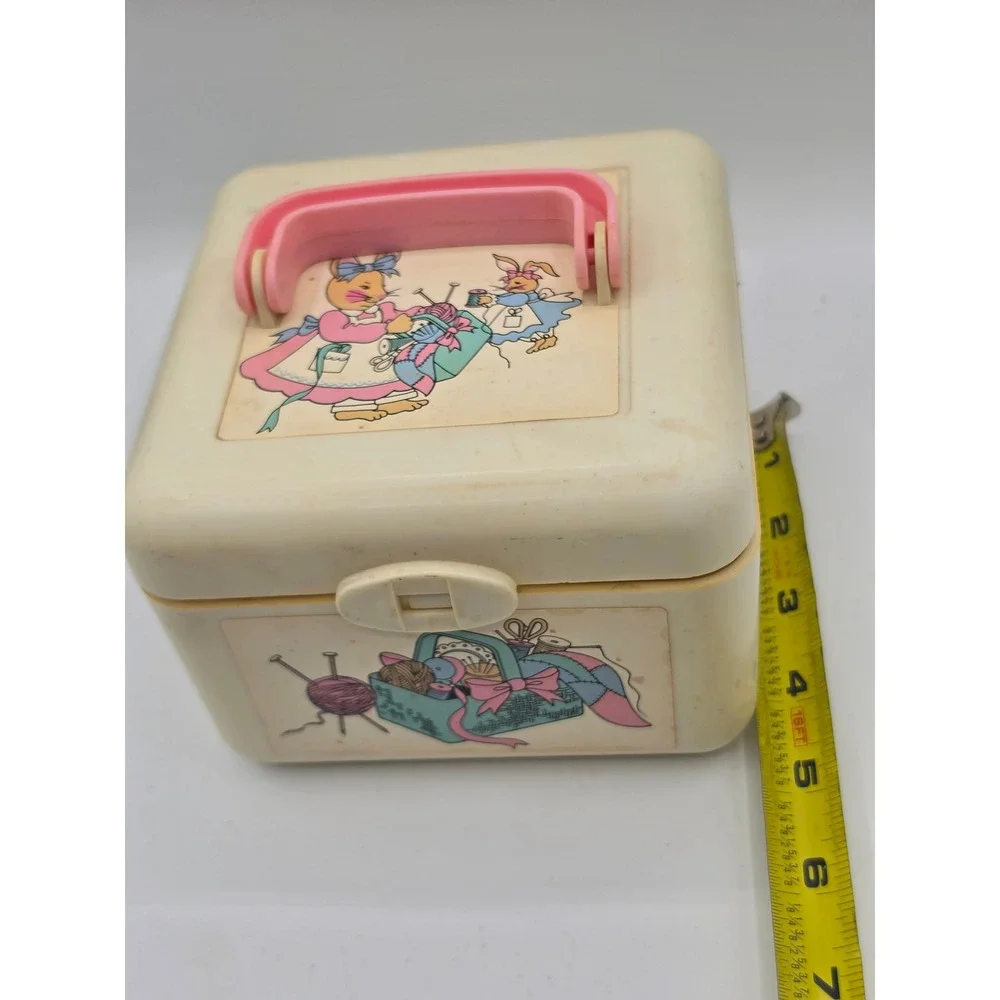 Vintage Sew-N-Play Bunny Rabbit Plastic Carry Case Pink Handle Craft Storage Box